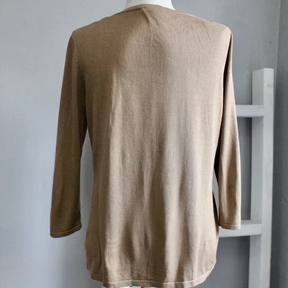 Coldwater Creek Y2K Tan Silk Cotton Knit Front Ruffle Button Cardigan sz Medium - Picture 2 of 5